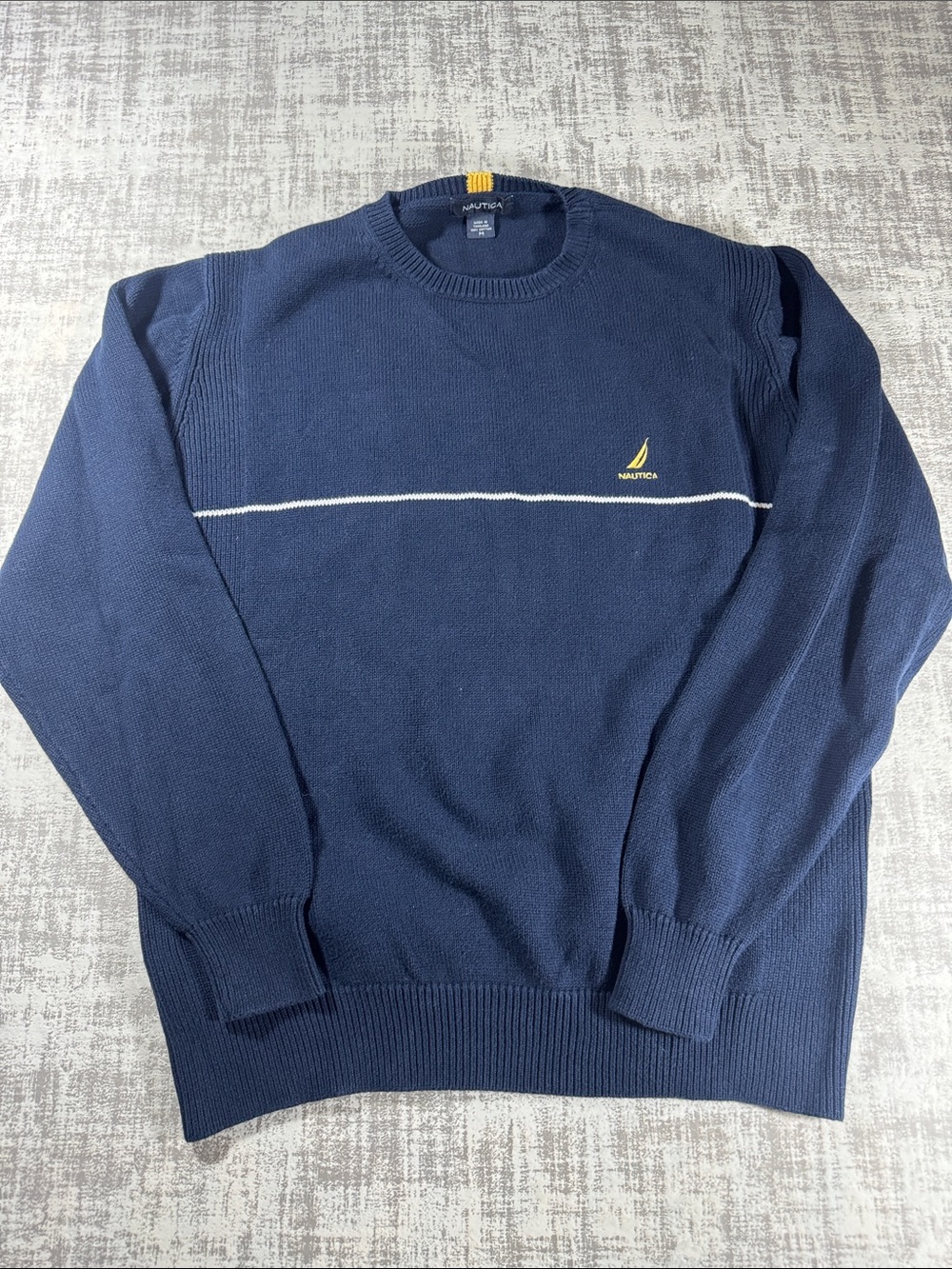 Vintage 100% cotton Nautica Men’s Navy Crewneck SweaterContrast Stripe 24.5X20.5